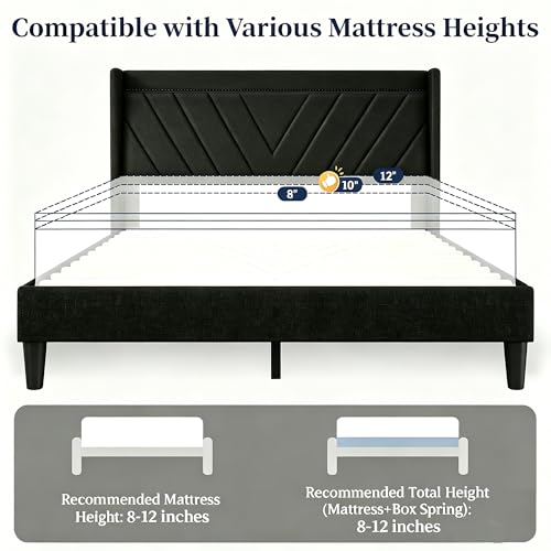 Queen Bed Frame with LED Lights & Charging Station, Upholstered Wingback Headboard, Noise-Free Metal Platform Bed