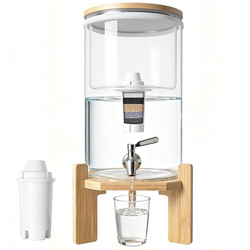 Water Filter Dispenser 2.1 Gallon Glass System with Wooden Stand and Filter for Home Office