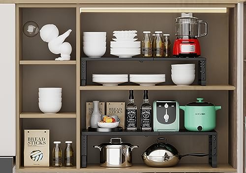 Expandable Stackable Metal Kitchen Organizer with Adjustable Shelves - Large Black 10.24"D x 16.6"~26.5"W x 6.1"/7.5"H
