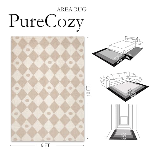 Boho Beige 8x10 Area Rug for Living Room - Soft Checkered Shag Carpet