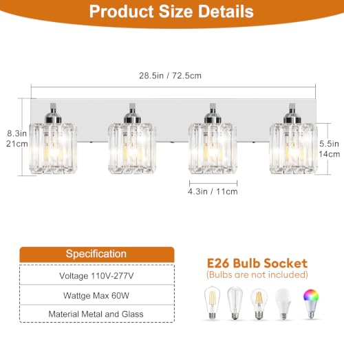 LKHF Chrome-Square Shade 4-Light Crystal Bathroom Vanity Light Fixture