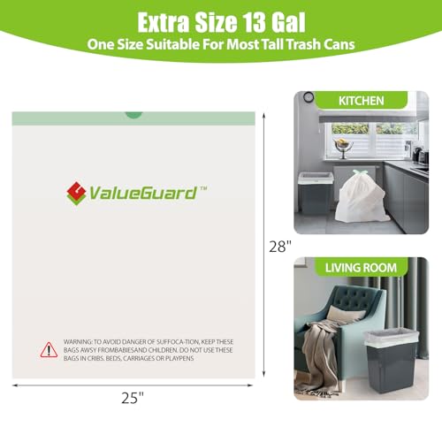 ValueGuard Large Trash Bags 13 Gallon Tall Drawstring 100%