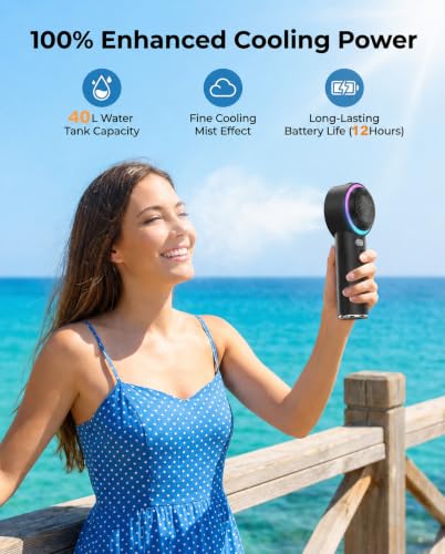 Rolosar Portable Mist Fan with Cooling & 26,000 RPM Turbo Airflow, 5000mAh Battery