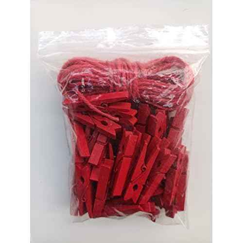 1.9 Inch Red Strong Wood Clothes Pins Hold Xmas Cards Papers Scrapbooking Gloves Socks Laundry Clip with Twine Pack 50