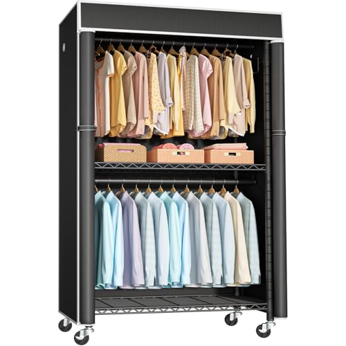 FUTASSI Black Clothing Rack with Cover and Wheels - Portable Garment Organizer