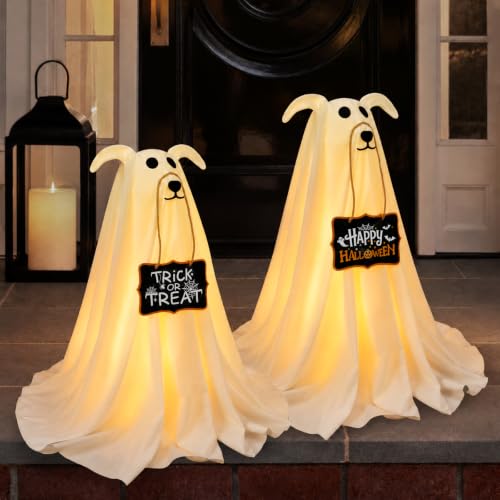 2 Pack Light-Up Ghost Dog Halloween Decorations - 2.3 FT Spooky & Cute Yard Decor with Signs
