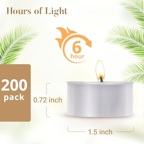Palm Wax Tea Lights Candles 200 Pack - Unscented, 6 Hour Burn, Clean & Smokeless
