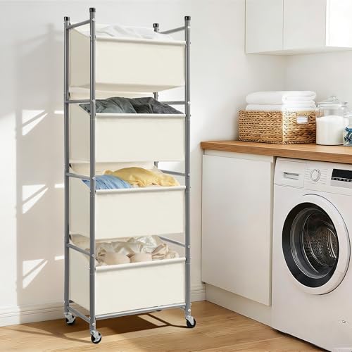 Beige 4-Tier Vertical Laundry Hamper with Rolling Wheels - 180L Capacity