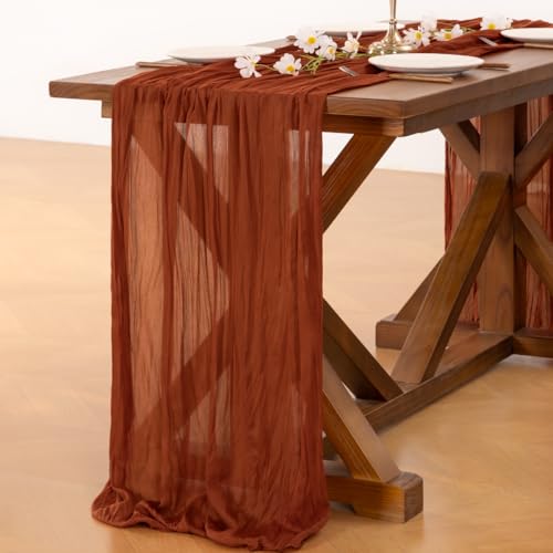 Socomi Thanksgiving Fall Table Runner Terracotta Cheesecloth Gauze Burnt Orange Boho Rustic Farmhouse 120 inch 10FT Cheese Cloth Runner for Wedding Party Baby Shower Home Decor Holiday Decorations
