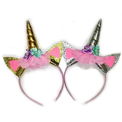 2Pcs Unicorn Horn Headbands Flowers Cat Ear HeadBands for Birthday Party, Christmas,Halloween,Photo Props, Unicorn Themed Party Decoration Supplies(Gold and Sliver), 10 inch L x 7 inch W