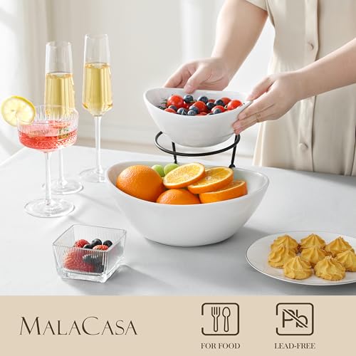 White 2-Tier Chip and Dip Serving Set with Metal Stand - Elegant Party Food Display