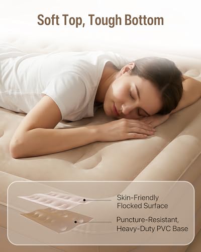 JEASONG Queen Air Mattress with Built-in Pump, 16-Inch Inflatable Bed with Flocked Surface for Camping & Home