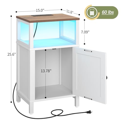 Yoobure Farmhouse Nightstand with Charging Station - White, Barn Door Style