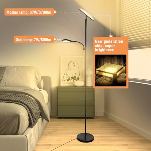 Black 44W LED Floor Lamp with Remote, Dimmable & Bendable Reading Light