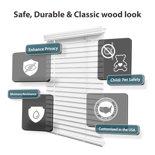 Cordless Faux Wood Window Blinds - 72x48 White, Child & Pet Safe