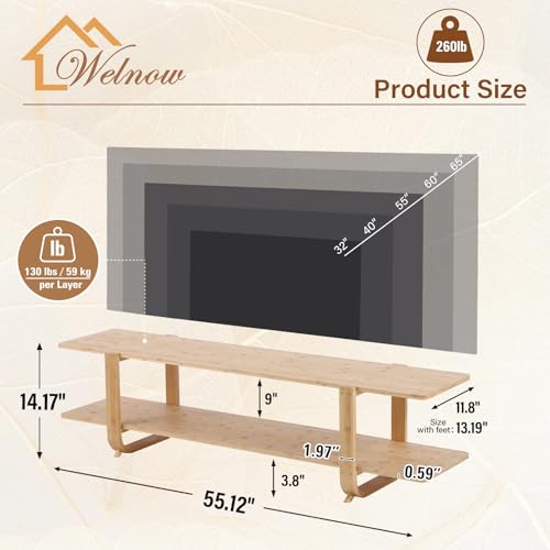 Welnow 2 Tiers Wood TV Stand for 65 Inch Flat Screen Media Console