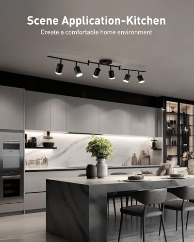 6 Light Black Kitchen Track Lighting Fixtures Ceiling Mount - Adjustable Heads