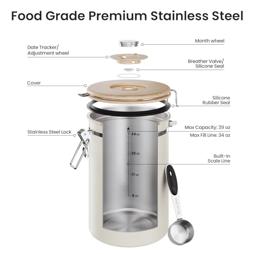 Cream Coffee Canister 39oz - Airtight Stainless Steel Food Storage Container