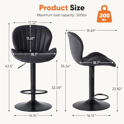 Sweetcrispy Adjustable Swivel Bar Stools Set of 2 - Black Fabric