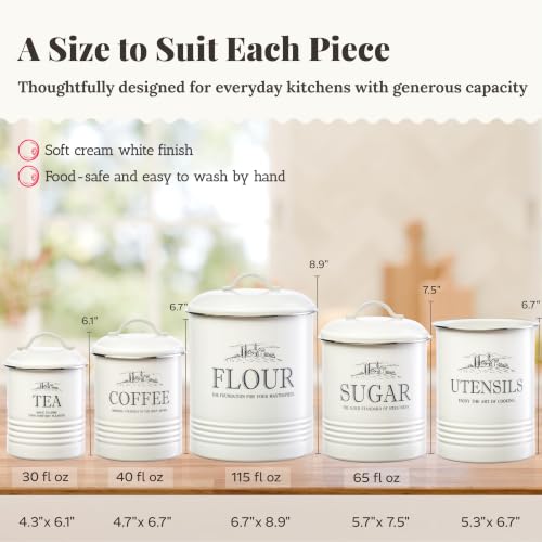 Noonberry 5-Piece Farmhouse Canister Set Cream White for Kitchen Counter & Storage