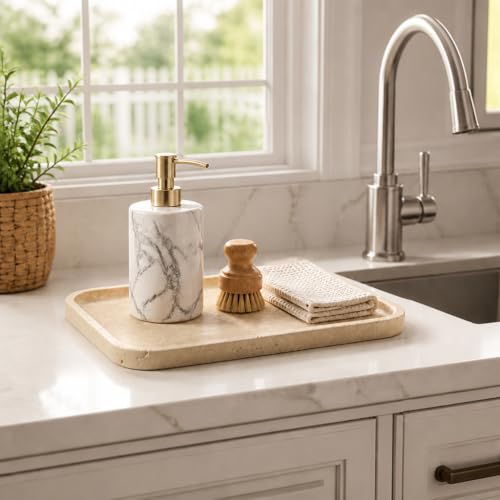 Travertine Vanity Tray - Beige Rectangular Stone Organizer for Jewelry & Bathroom Counter