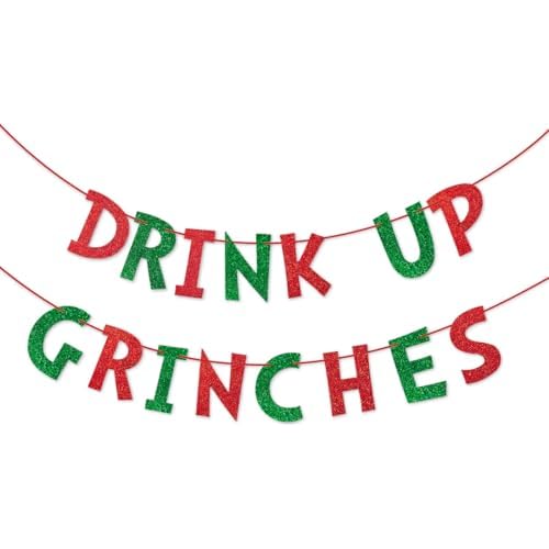Drink Up Christmas Decorations Red Green Glittery Christmas Banner Xmas Garland Banners Winter Holiday Garland Photo Props Banners Christma Party Decorations for Xmas Backdrop Decorations