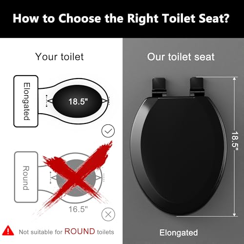 Elongated Wooden Toilet Seat with Quiet-Close & Quick-Release Hinges - Black, 18.5"