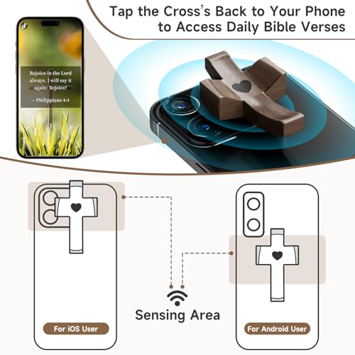 Walnut Wooden Cross Fidget - Touch to Read Bible Verse via Phone - Pocket Cross for Christians, Small Wooden Crosses for Baptism, Confirmation, Easter, Christmas
