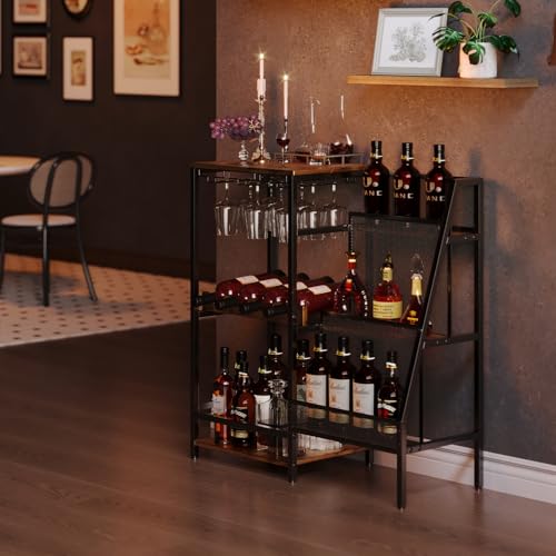 Large Versatile Liquor Stand for Home Bar - 3-Tier Floor Wine & Whiskey Rack with Glass Holder