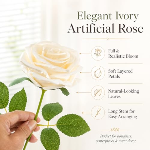 Ivory Artificial Roses Bulk Pack - 120 Long Stem Fake Flowers for Wedding & Decor