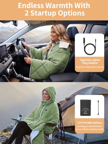 Green Battery-Operated Heated Blanket Hoodie Throw for Outdoors - 70.8"x51.2"