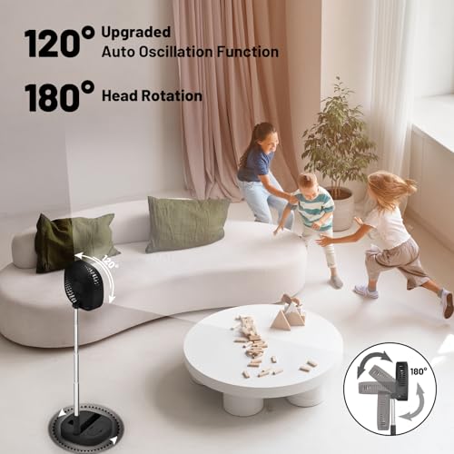 Black Portable Oscillating Pedestal Fan with Remote, 4 Speed, 120° Telescopic Rotation, Rechargeable 7200mAh, Quiet Timer for Travel & Home