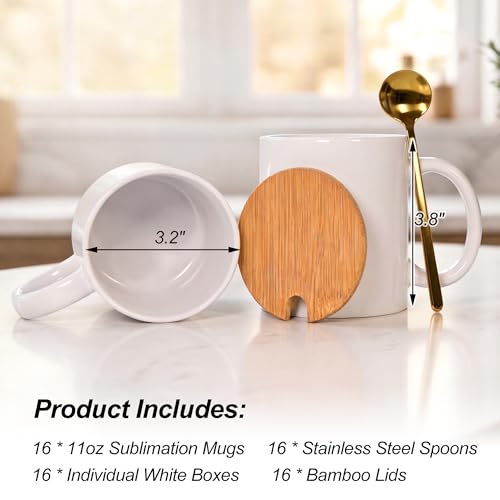 16-Pack Sublimation Coffee Mugs 11oz with Bamboo Lids & Spoons - White Ceramic
