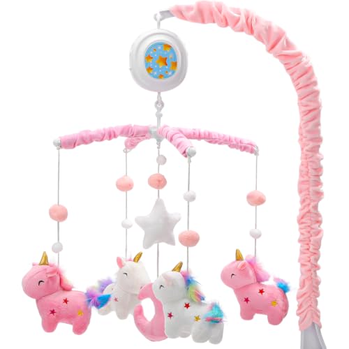 Pink & White Unicorn Baby Crib Mobile with Music Box - 100+ Lullabies & Starry Sky Projection