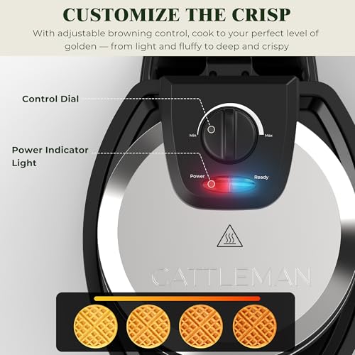 CATTLEMAN Rotating Belgian Waffle Maker with Magnetic Timer and Adjustable Browning