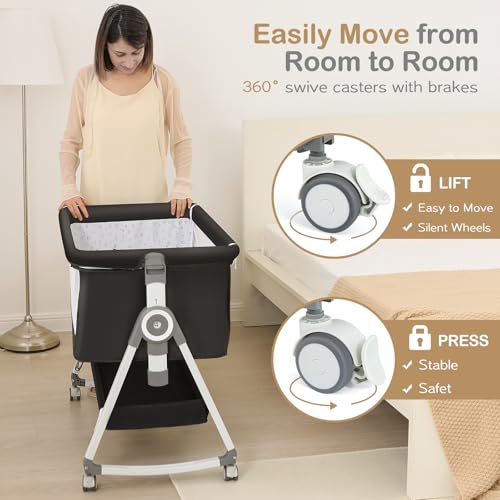 OHFLY Dark Grey 4-in-1 Portable Baby Bassinet with Waterproof Mattress & Locking Wheels