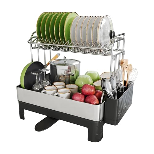 BOOSINY Stainless Steel Dish Drainer with Drainboard - Silver & Black, 18.1 x 13.4 inches