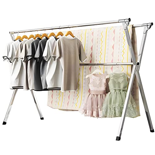 URYAN 95-Inch Heavy Duty Stainless Steel Clothes Drying Rack with 20 Windproof Hooks, Folding Indoor & Outdoor Laundry Organizer