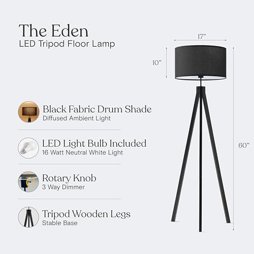 Dimmable Mid Century Tripod Floor Lamp with Solid Wood Legs - Black - Eden Variation