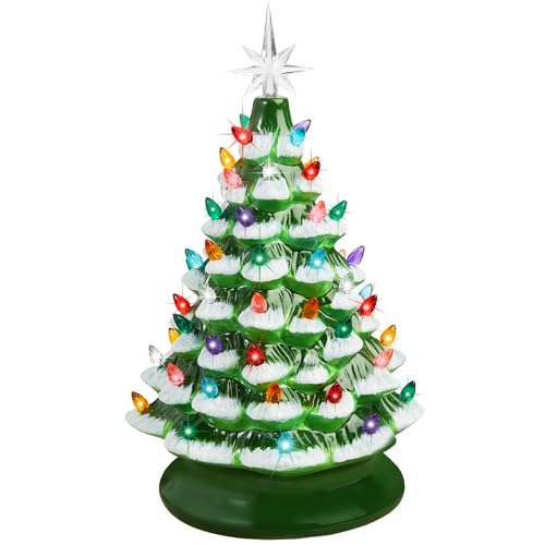 Best Choice 15in Ceramic Christmas Tree – Frosted w/ Multicolor Lights & Star Toppers, Pre-lit