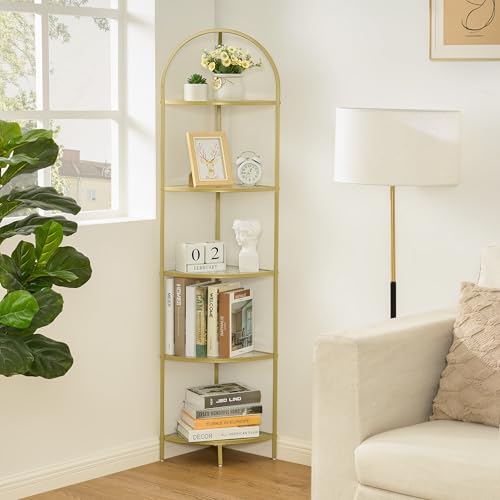 Homhedy 5-Tier Gold Corner Shelf Stand - Stylish Metal Glass Bookcase & Organizer