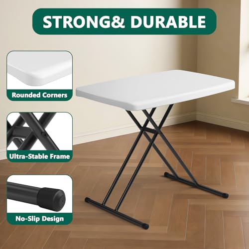 Plastic White 30-Inch Folding Table with 3-Height Settings - Heavy Duty Portable Desk for Camping, Home, Office, and Outdoor Use - No Assembly