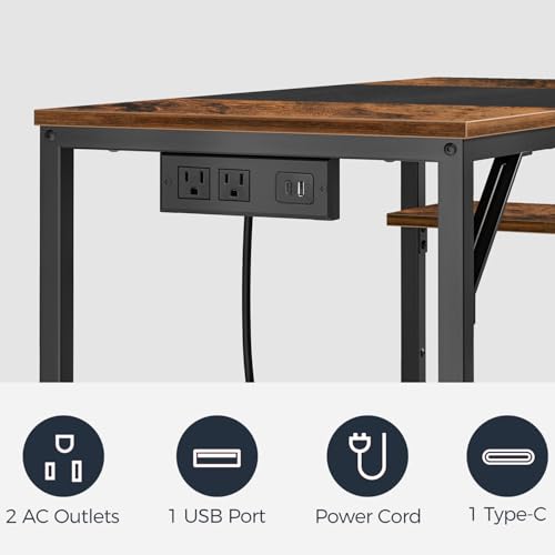 Small Computer Desk with Power Outlet & Shelves - Rustic Brown & Black, 35.4 Inch Modern Home Office Desk with Reversible Design
