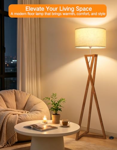 OUTON 62-Inch Wooden Tripod Floor Lamp with Remote, Dimmable Mid-Century Modern Amber Walnut