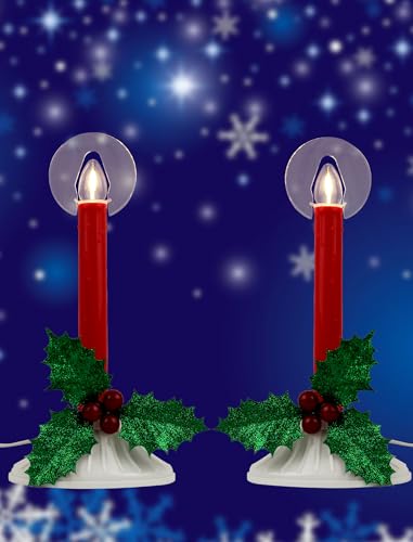 Adirxon Red Plug-in Christmas Window Candle Lights 2-Pack with Extra Bulbs, Warm White Glow