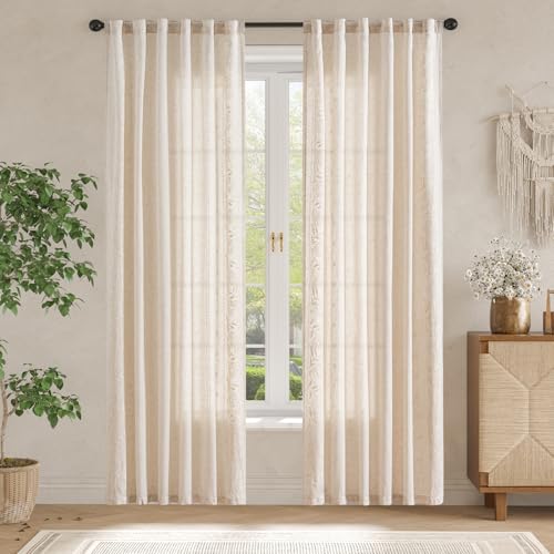 JINCHAN Ivory Floral Linen Curtains 50" x 84" - Pack of 2, Back Tab, Light Filtering