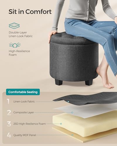 Round Storage Ottoman with Linen-Look Fabric - Dark Gray, 17.7 Inch