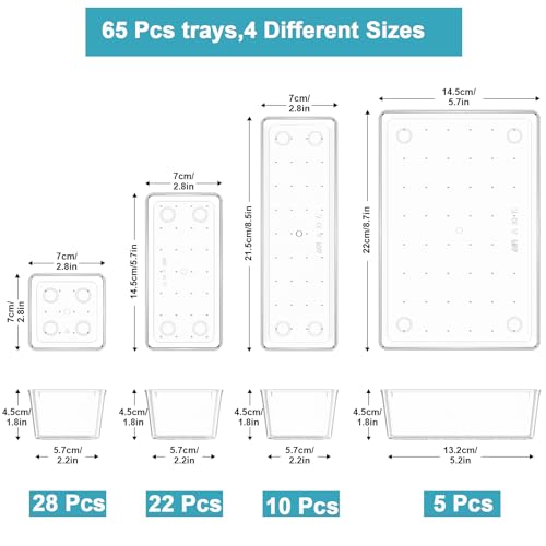 Clear Plastic Drawer Organizer Set 65 Pieces - Multiple Sizes, Vanity & Storage