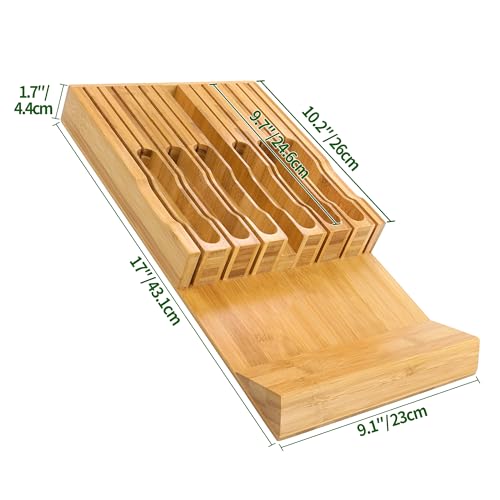12 Slot Bamboo Knife Drawer Organizer - Universal Kitchen Knife Block with Sharpener Slot