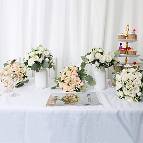 Set of 6 Ivory Bridesmaid Bouquets for Wedding - 7 Inch Artificial Flower Arrangements with Eucalyptus - White/Set of 6 (Variation)
